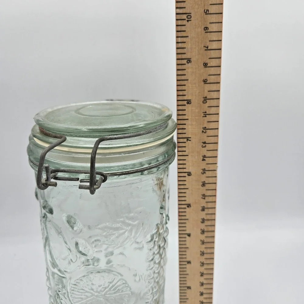 Fruit Embossed Clear Glass Canister with‎ Flip Top Vtg Jar Storage Container